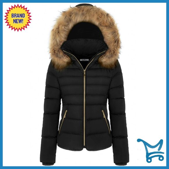 Women's Small Fur Hooded Puffer Jacket with Fleece Lining